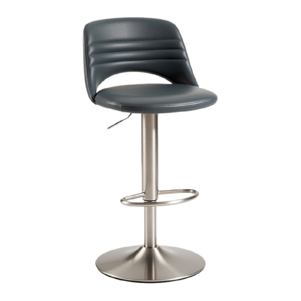 Eenvoudige moderne barkruk met verstelbare zithoogte in donkergrijs leer.